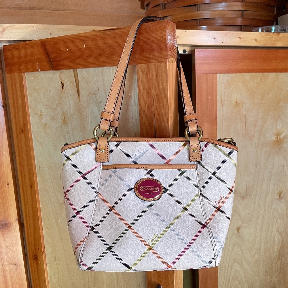 Coach White Multicolor Plaid Leather Tote